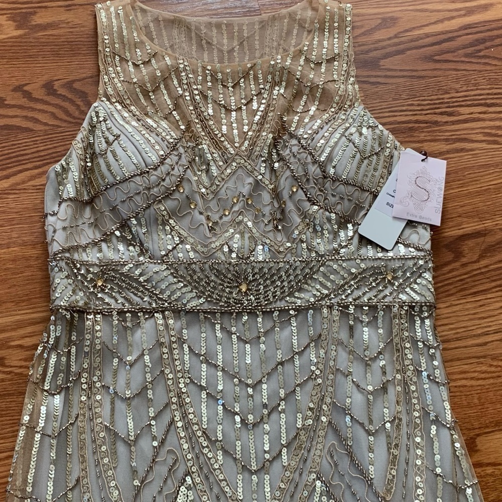 SUE WONG 14 Champagne Silver sequin embellished beaded cocktail formal dress NEW - Picture 16 of 17